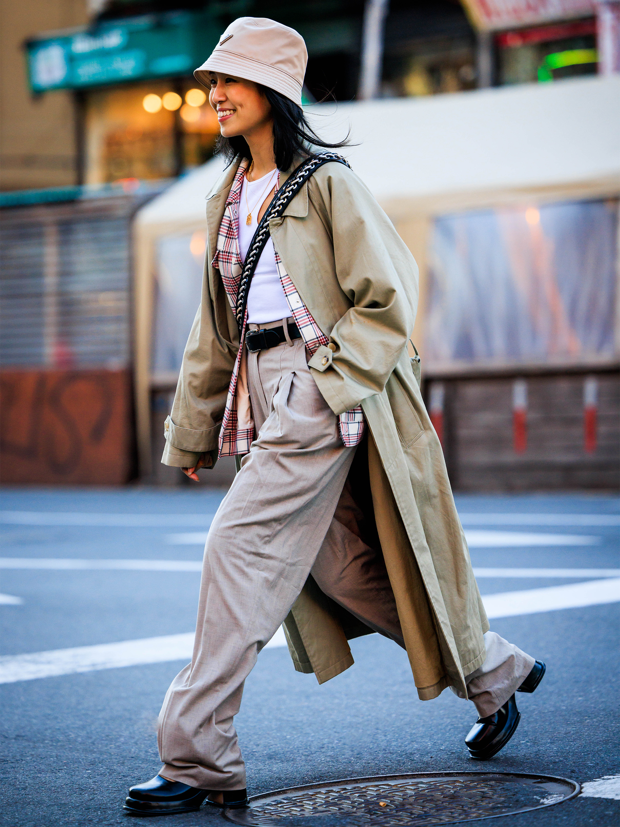 Faux Leather Double Breasted Trench Coat, Streets of Seoul